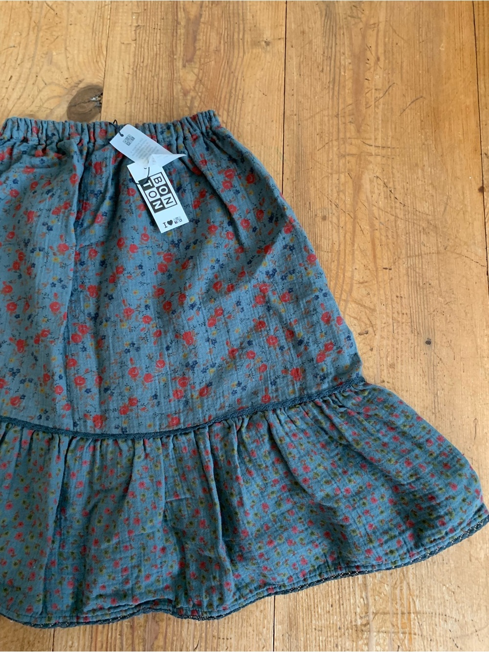 Bonton Blue Skirt with Red Floral Print